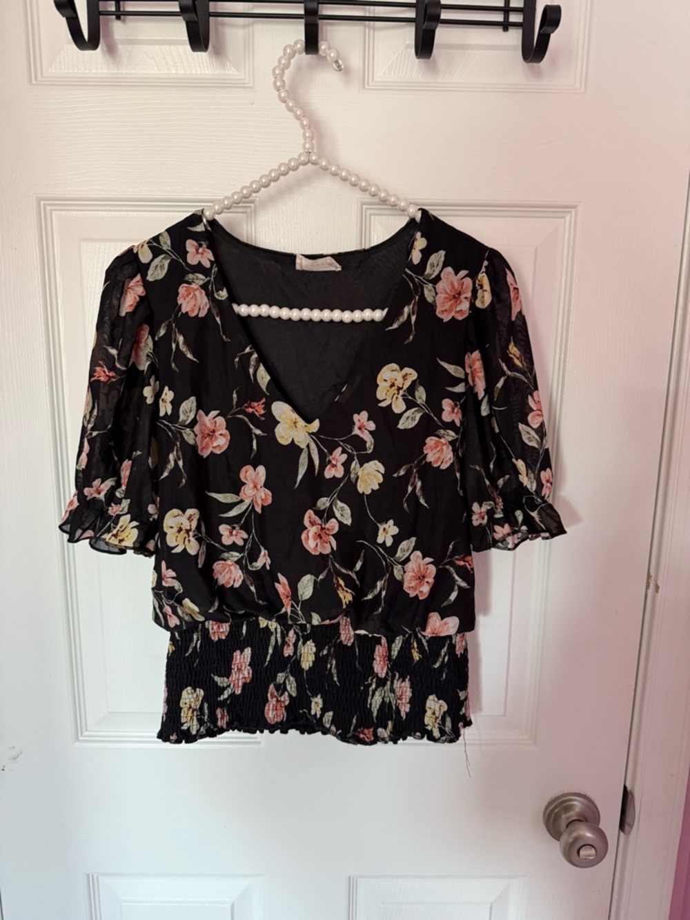Black Floral V-Neck Smocked-Hem Blouse